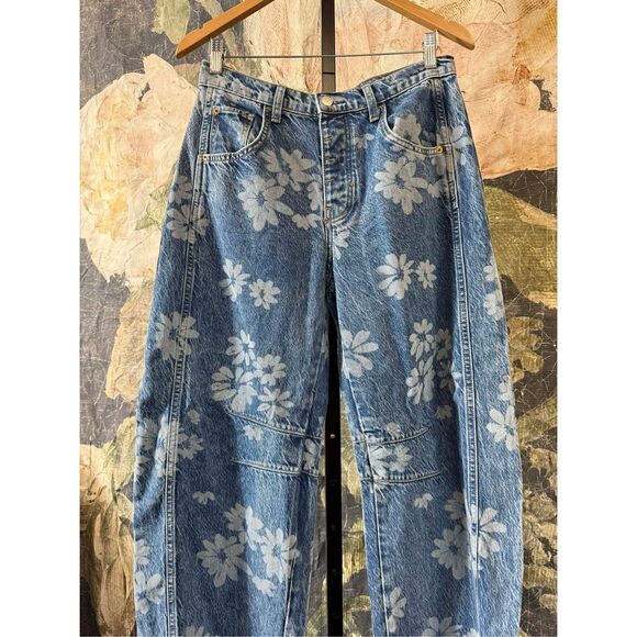 New Free People We The Free Good Luck Printed Barrel Jeans sz  26 - Picture 10 of 11